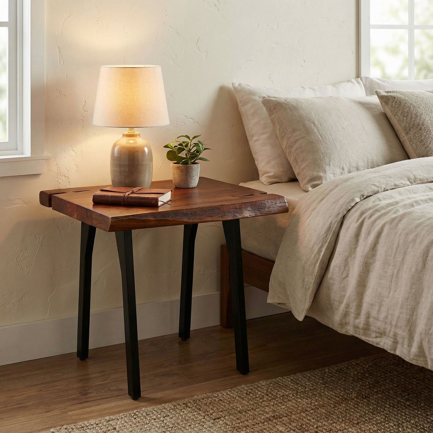 Bare Decor Brunswick End Table With Live Edge Solid Wood Top and Black Metal Legs
