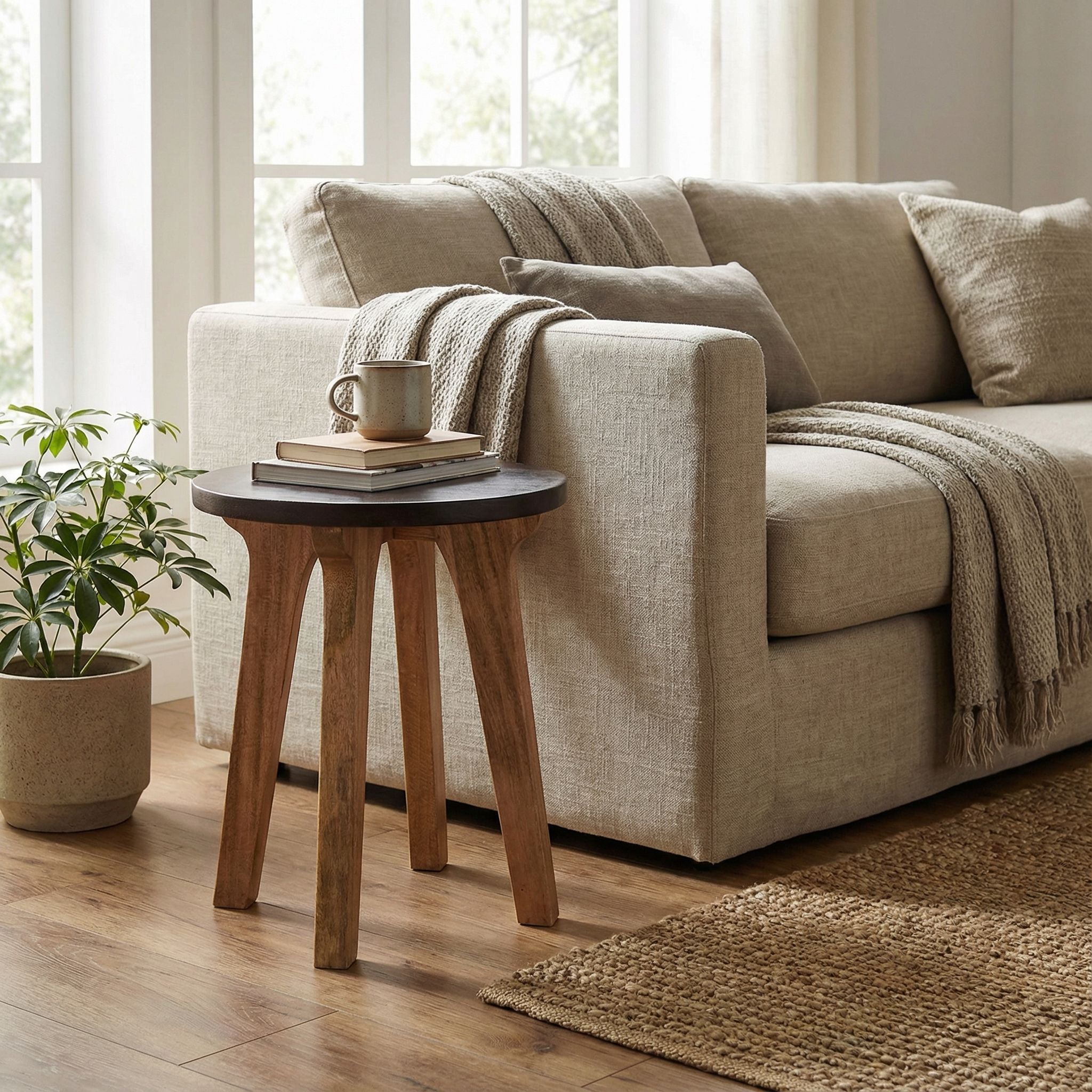 Bare Decor Calgary Small End Table, Two Tone Solid Acacia Wood, 17" Round