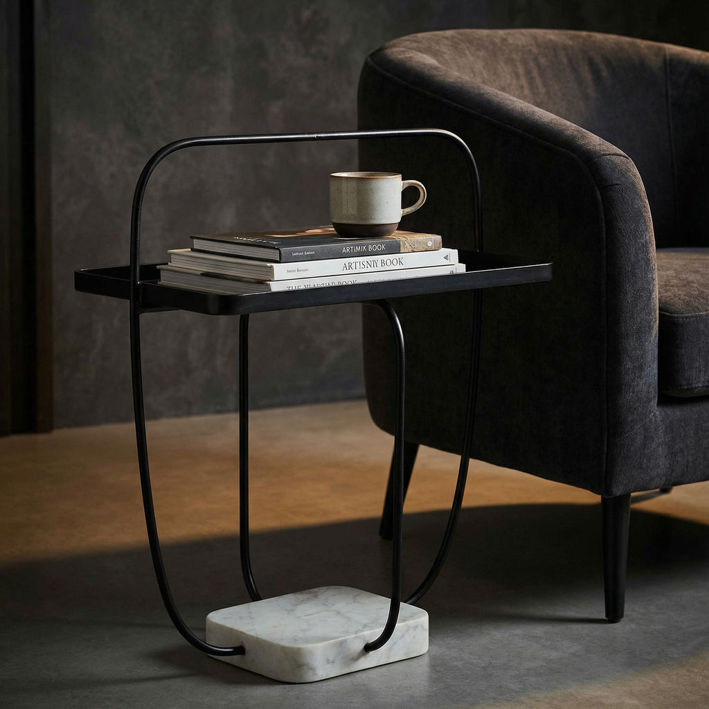 Bare Decor Saskatoon Accent Table Black Metal Frame with Marble Base