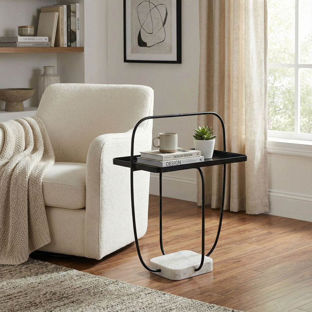 Bare Decor Saskatoon Accent Table Black Metal Frame with Marble Base