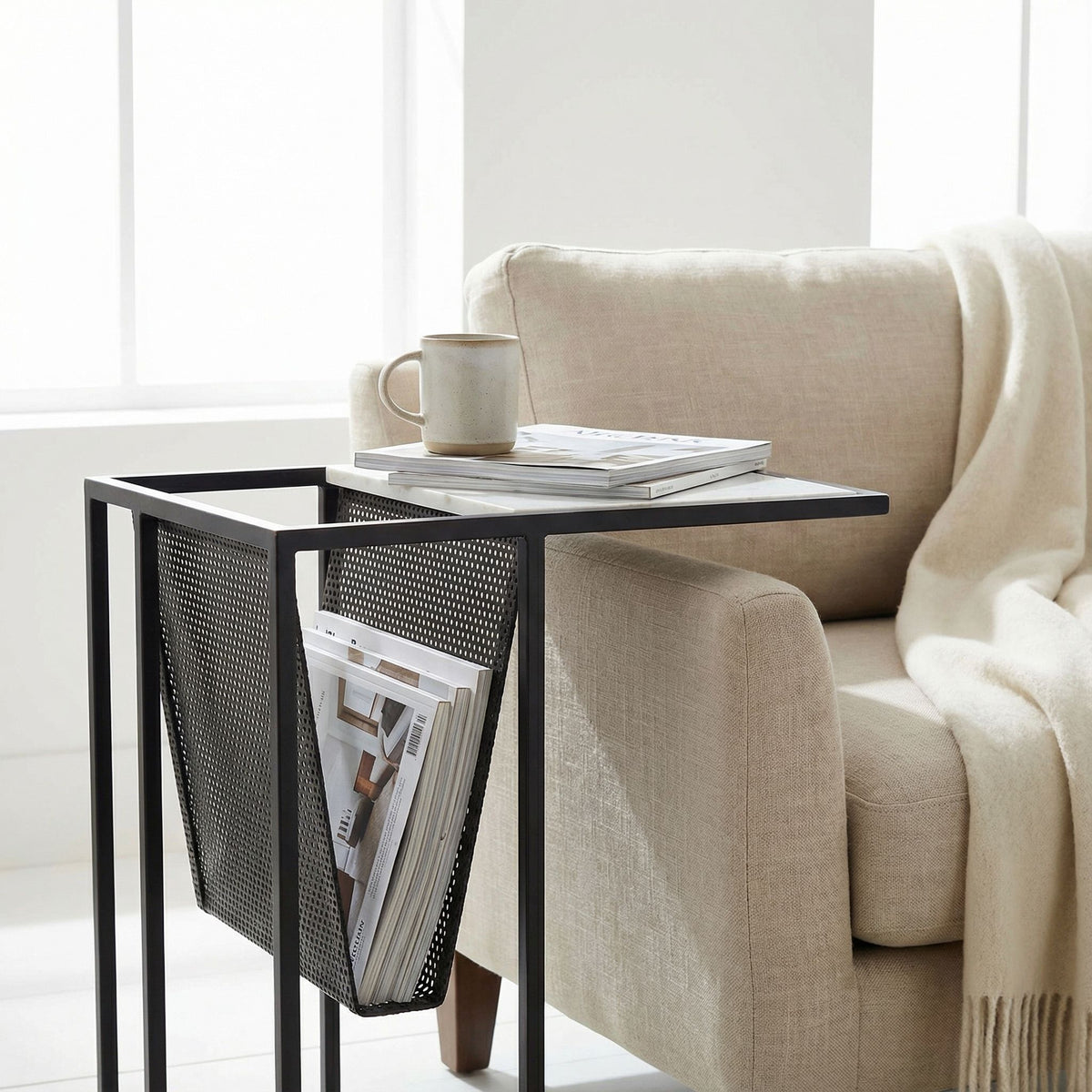 Bare Decor Maggi Magazine Rack C Table in Black Metal with Marble