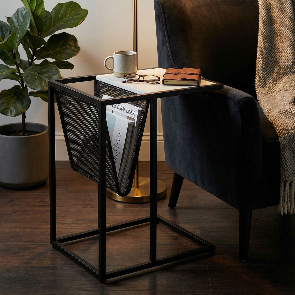 Bare Decor Maggi Magazine Rack C Table in Black Metal with Marble