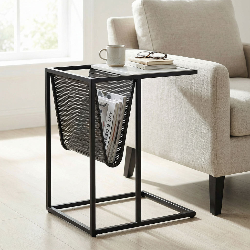 Bare Decor Maggi Magazine Rack C Table in Black Metal with Marble