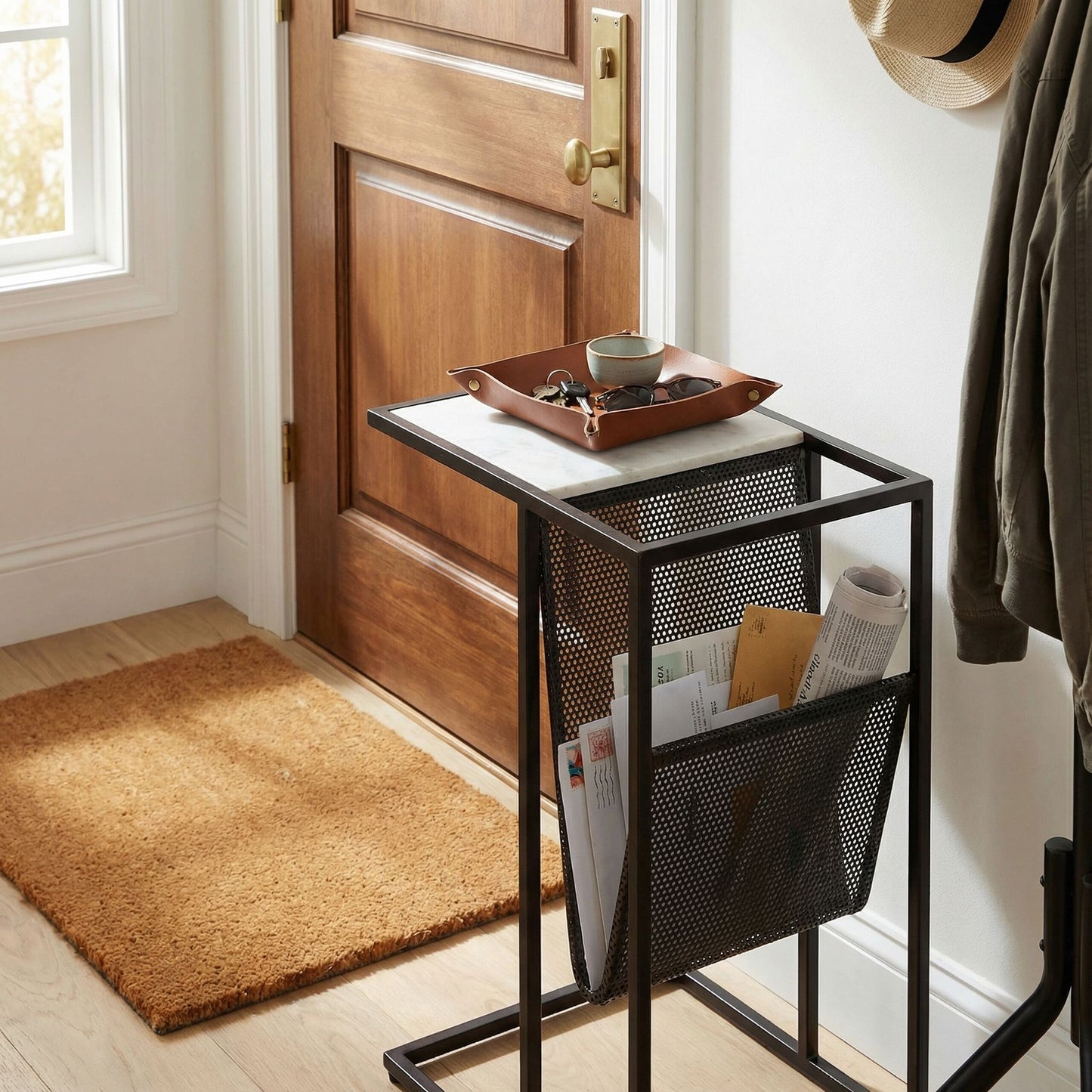 Bare Decor Maggi Magazine Rack C Table in Black Metal with Marble