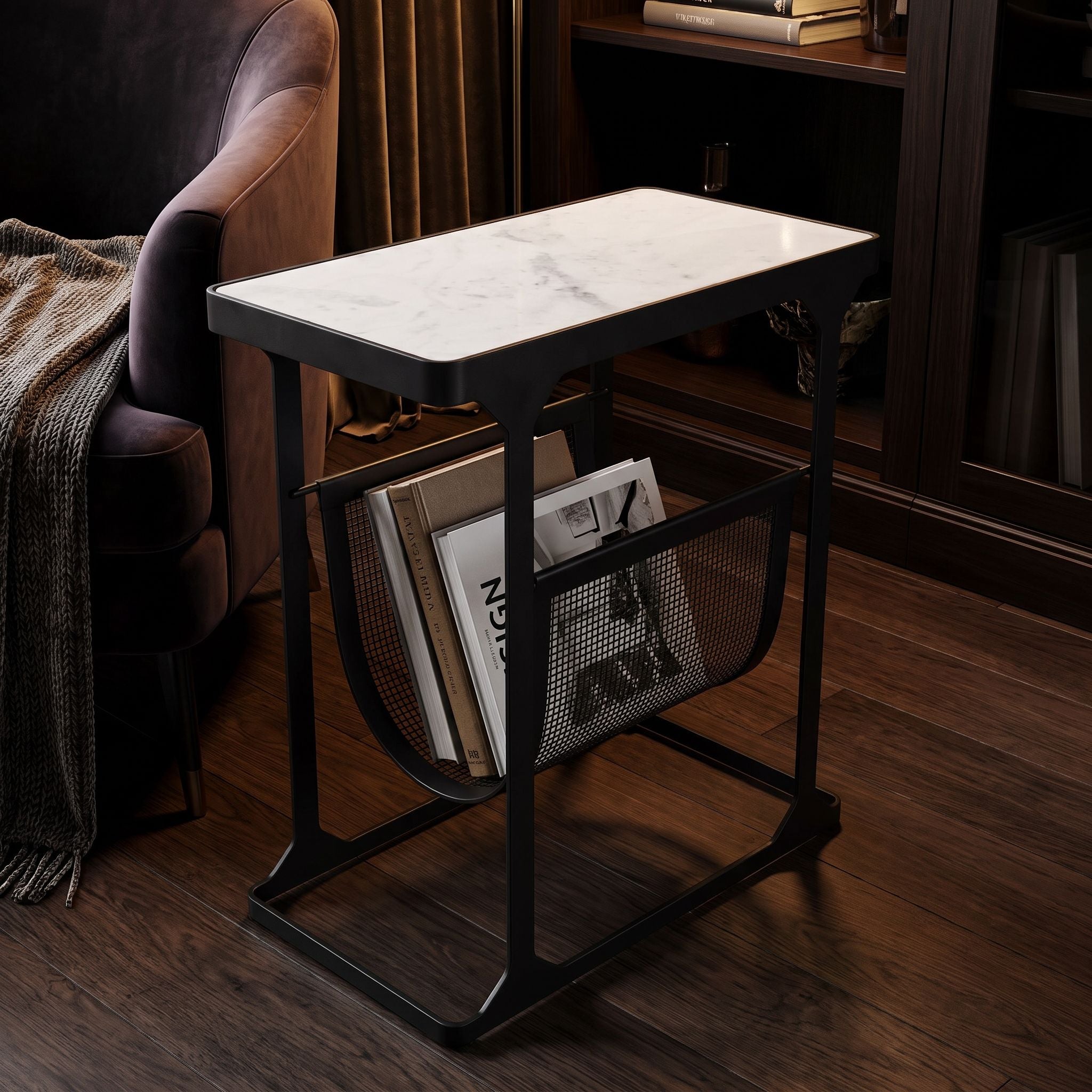 Bare Decor Gauntlet Magazine Table Metal with Marble 18x10x22