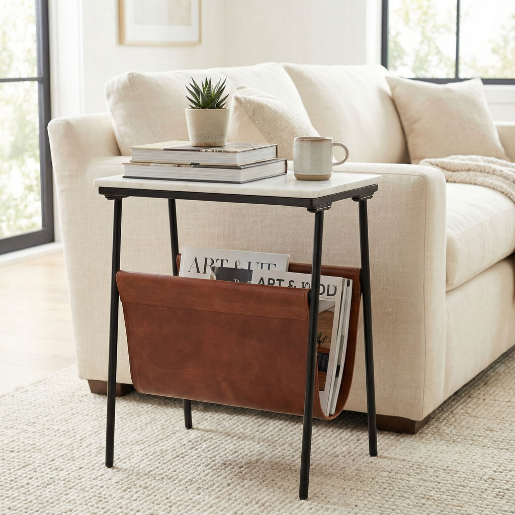 Bare Decor Glacier Magazine Table Metal with Marble Top and Genuine Leather 19x11x22