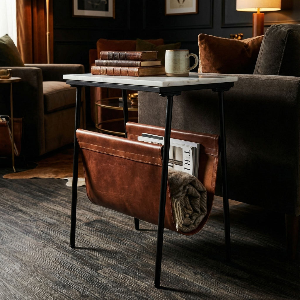 Bare Decor Glacier Magazine Table Metal with Marble Top and Genuine Leather 19x11x22