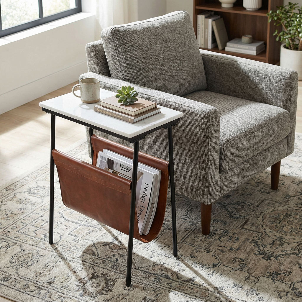 Bare Decor Glacier Magazine Table Metal with Marble Top and Genuine Leather 19x11x22