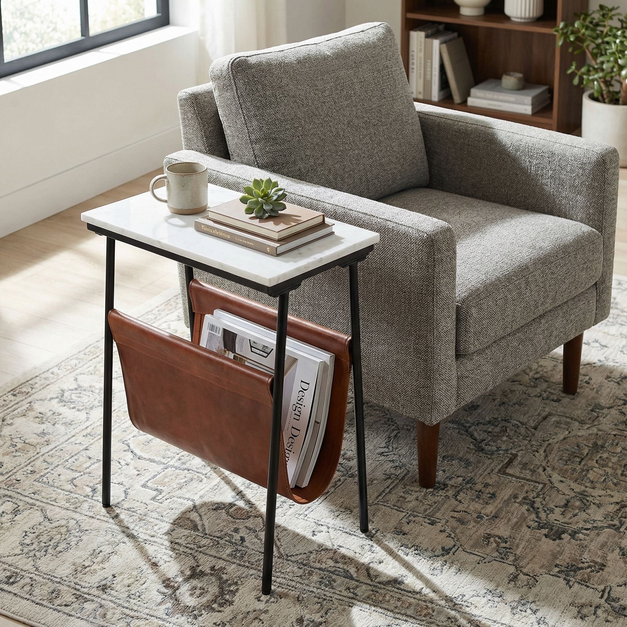 Bare Decor Glacier Magazine Table Metal with Marble Top and Genuine Leather 19x11x22