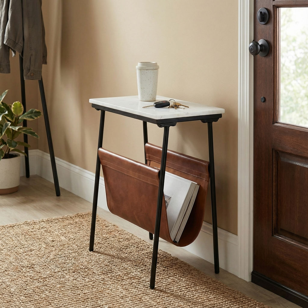 Bare Decor Glacier Magazine Table Metal with Marble Top and Genuine Leather 19x11x22