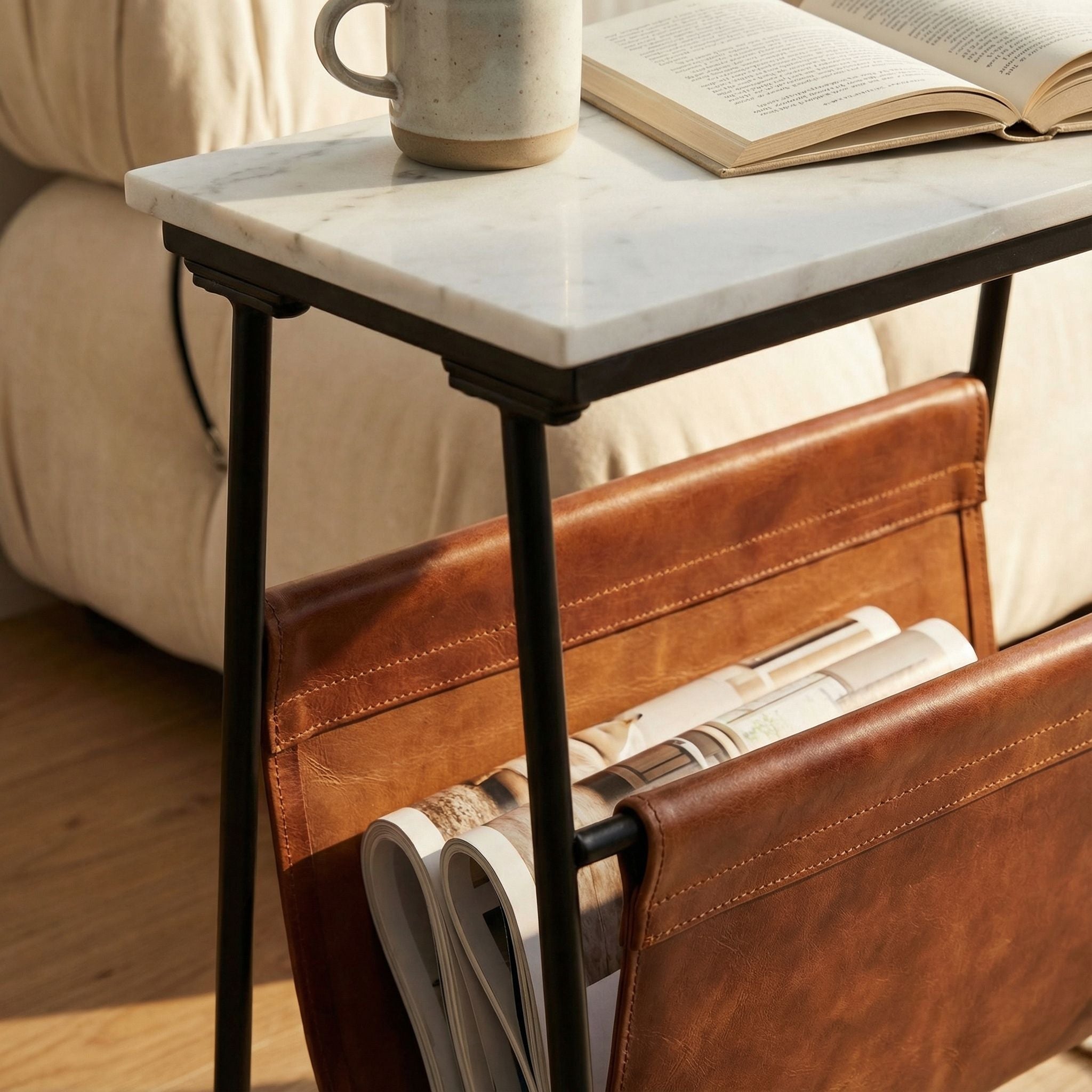 Bare Decor Glacier Magazine Table Metal with Marble Top and Genuine Leather 19x11x22