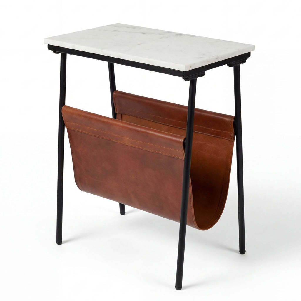 Bare Decor Glacier Magazine Table Metal with Marble Top and Genuine Leather 19x11x22