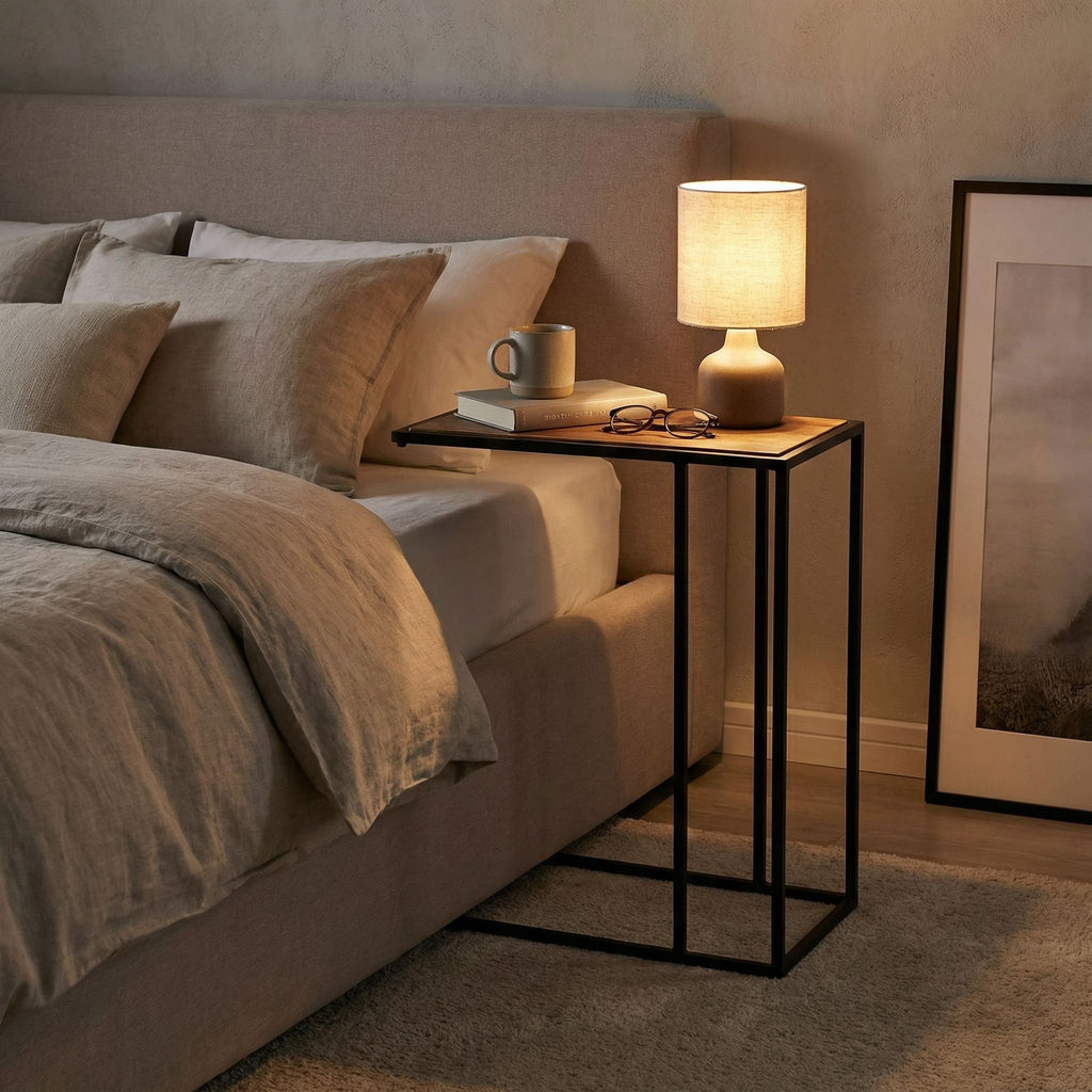 Bare Decor Toronto Accent C-Table in Black Metal and Wooden Top, 18x10