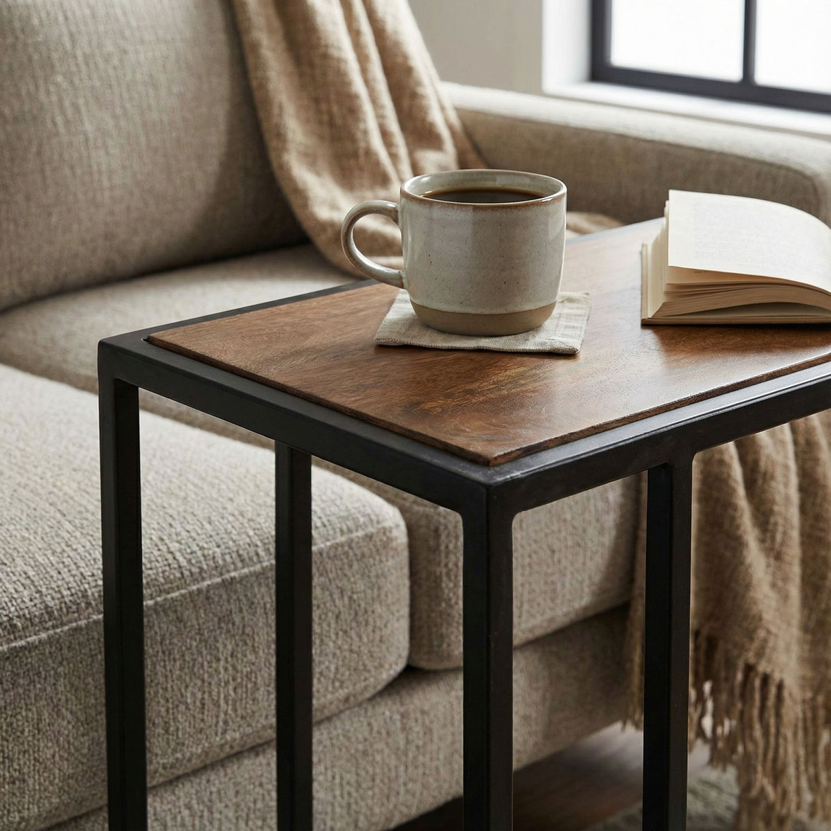 Bare Decor Toronto Accent C-Table in Black Metal and Wooden Top, 18x10