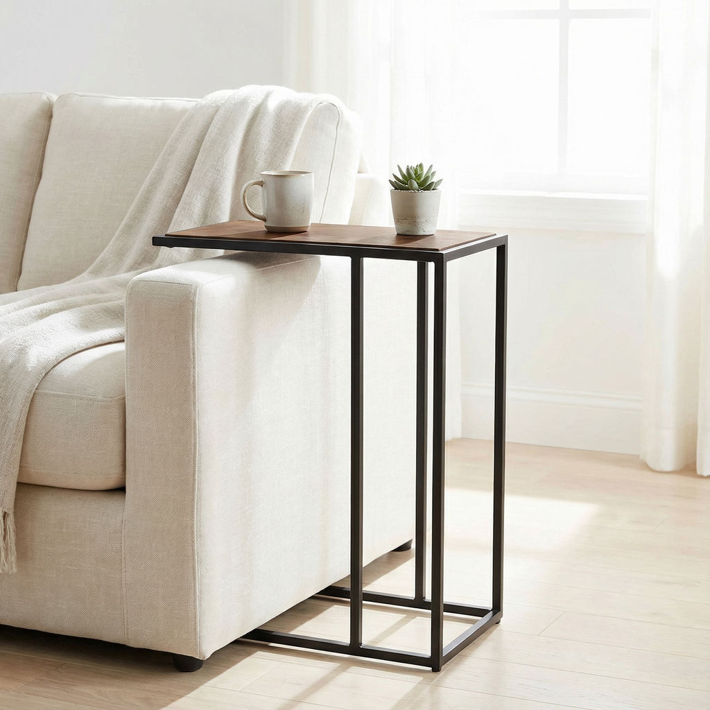 Bare Decor Toronto Accent C-Table in Black Metal and Wooden Top, 18x10