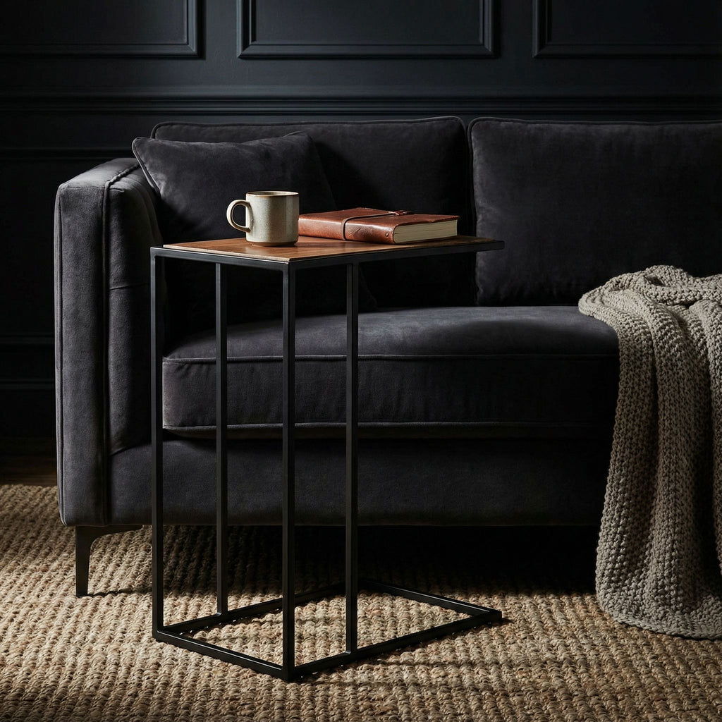 Bare Decor Toronto Accent C-Table in Black Metal and Wooden Top, 18x10