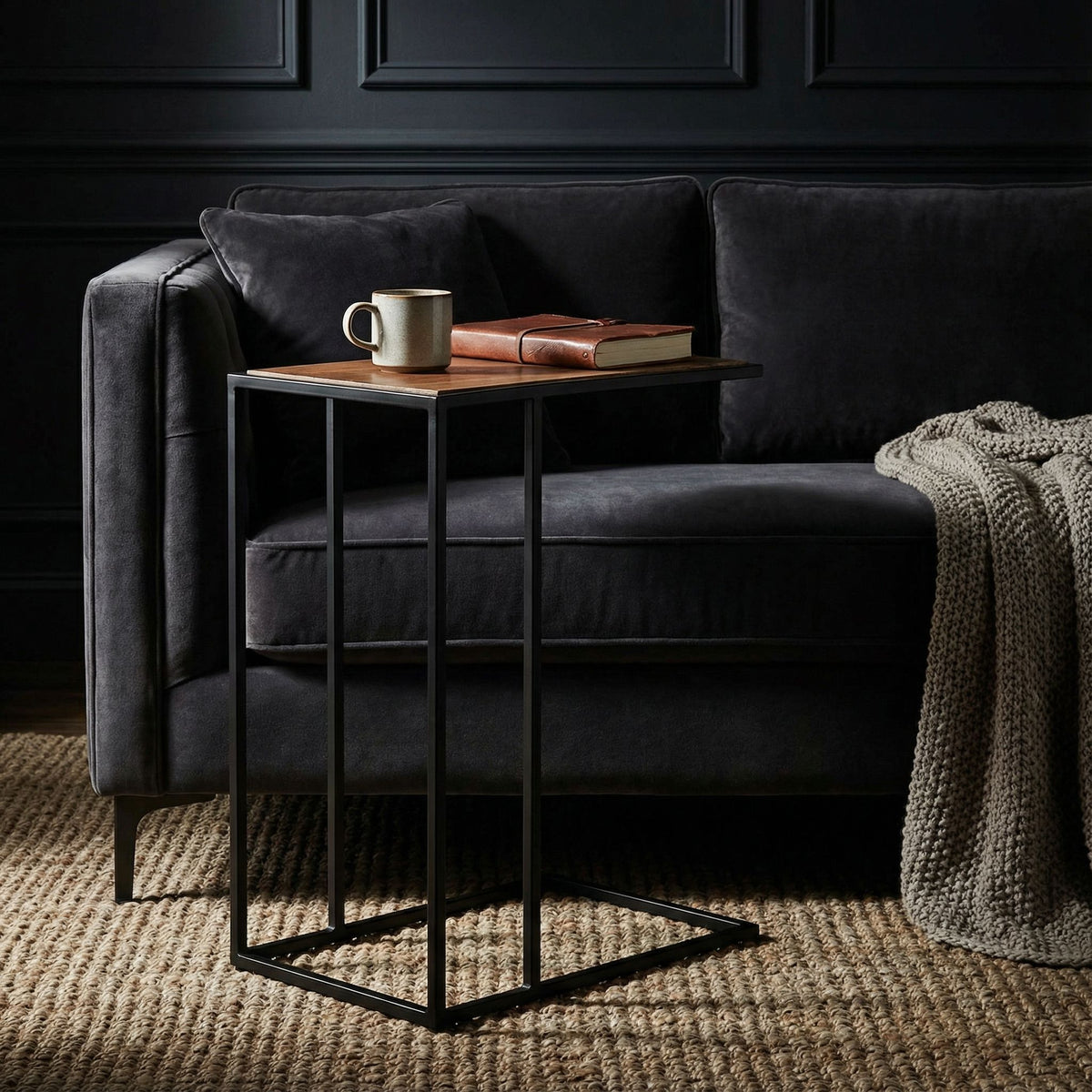 Bare Decor Toronto Accent C-Table in Black Metal and Wooden Top, 18x10