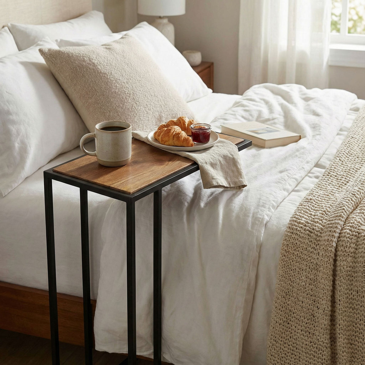 Bare Decor Toronto Accent C-Table in Black Metal and Wooden Top, 18x10