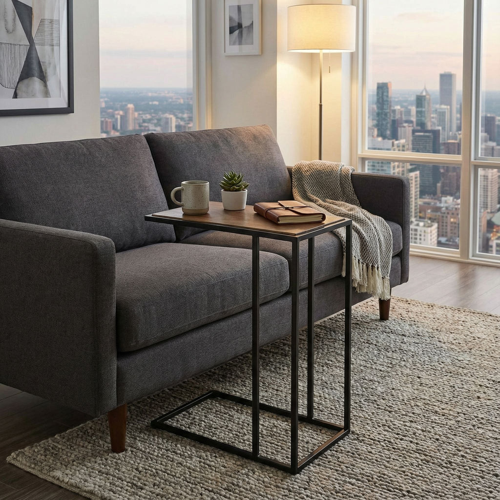Bare Decor Toronto Accent C-Table in Black Metal and Wooden Top, 18x10