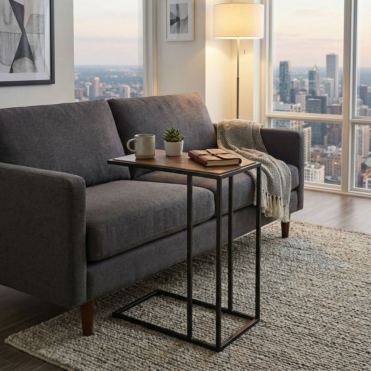 Bare Decor Toronto Accent C-Table in Black Metal and Wooden Top, 18x10