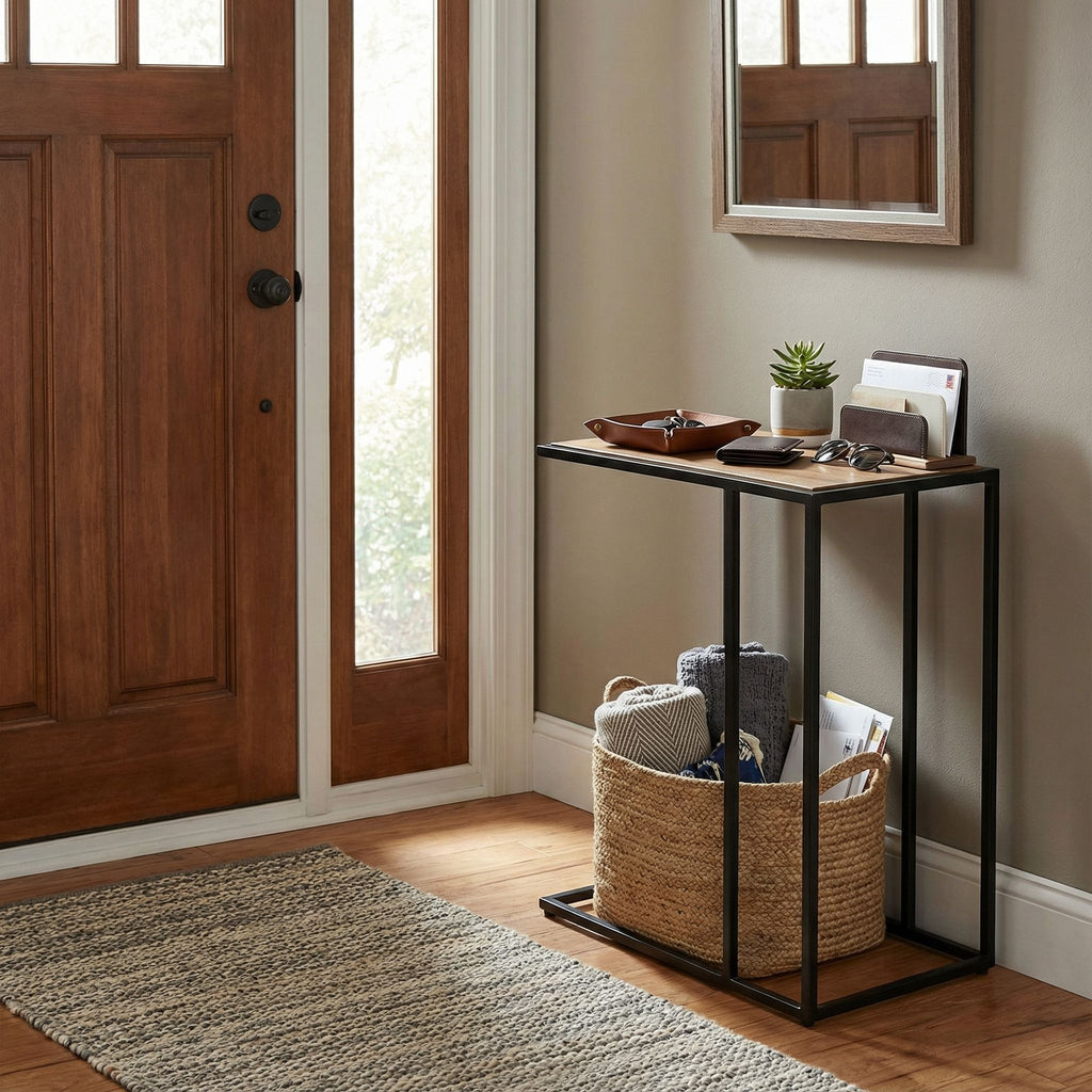 Bare Decor Toronto Accent C-Table in Black Metal and Wooden Top, 18x10