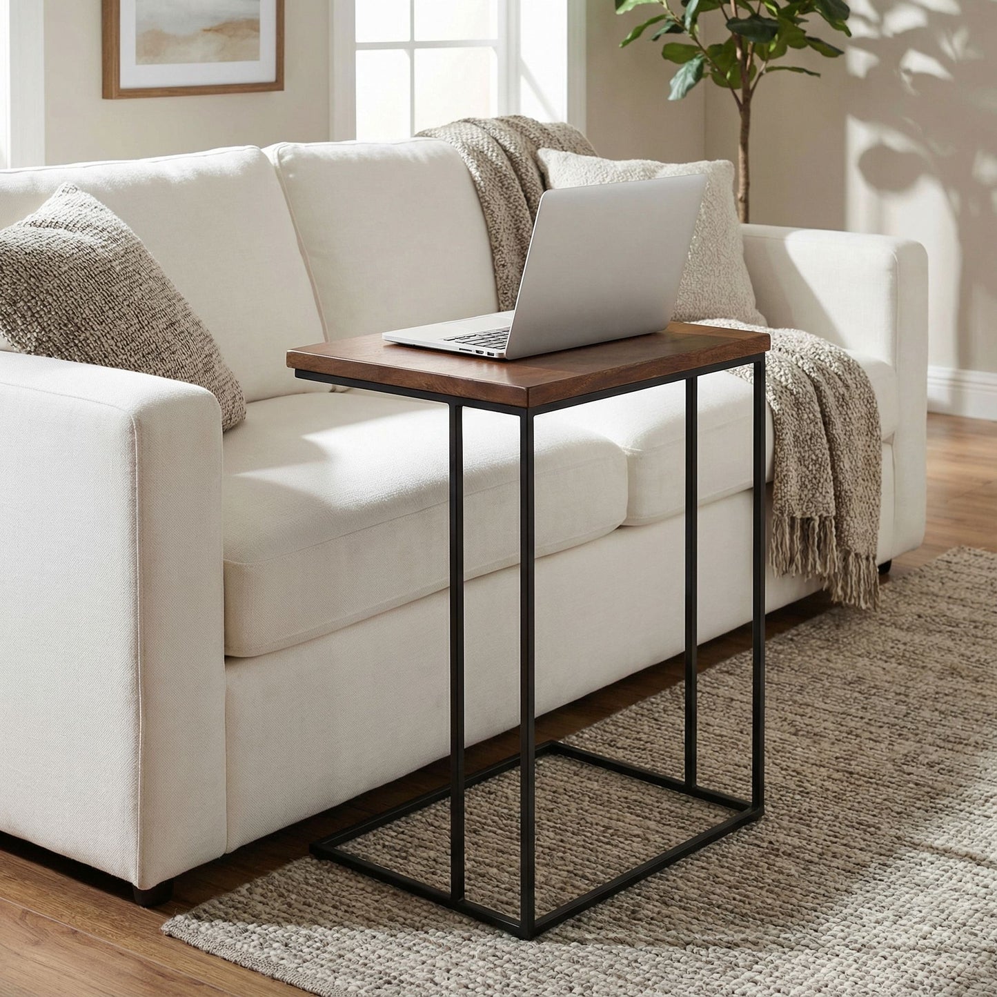 Bare Decor Beaufort Accent C Table in Black Metal and Mango Wood Top, 16x24x26