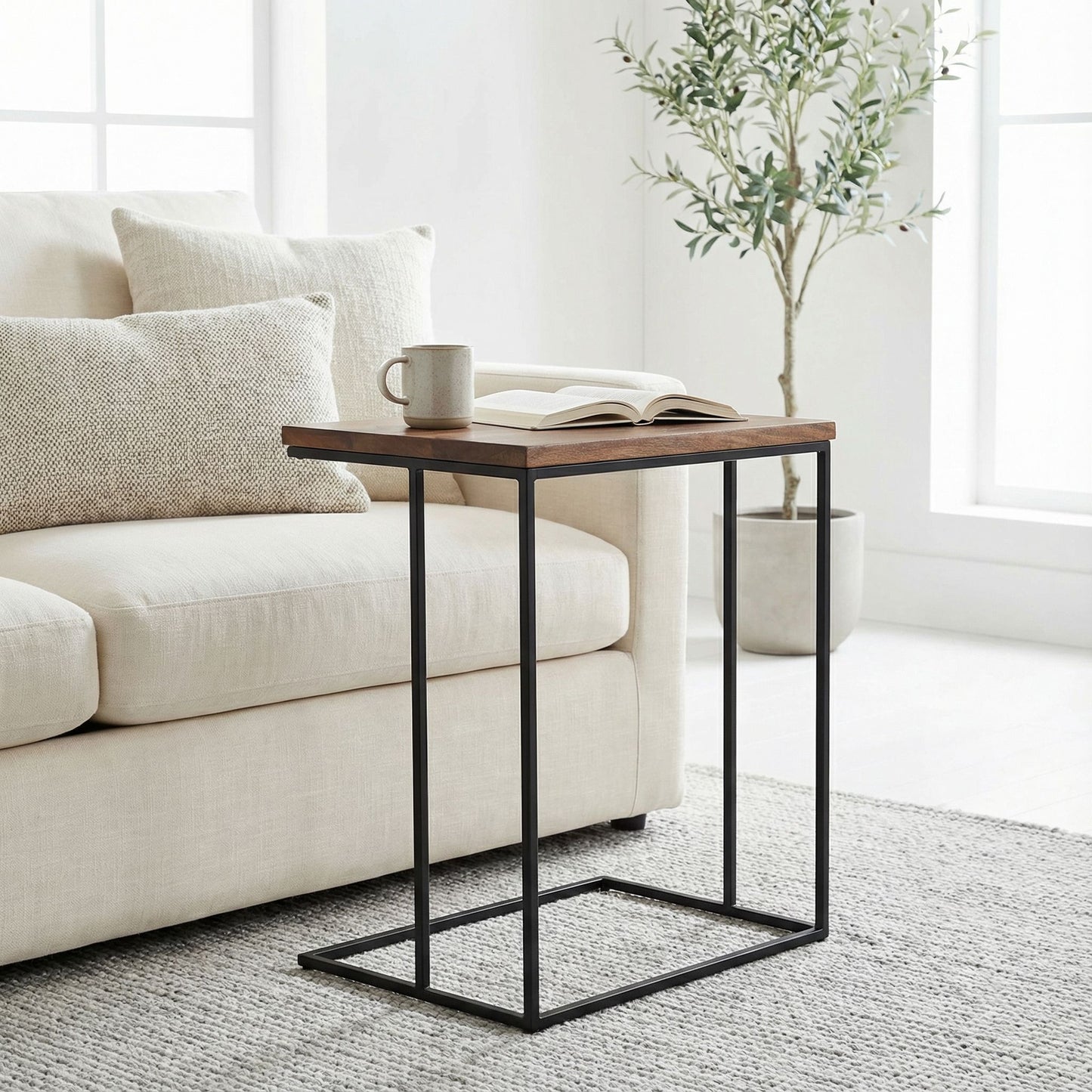 Bare Decor Beaufort Accent C Table in Black Metal and Mango Wood Top, 16x24x26