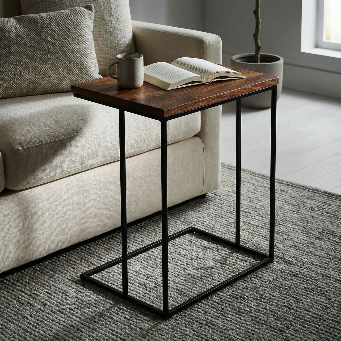 Bare Decor Beaufort Accent C Table in Black Metal and Mango Wood Top, 16x24x26