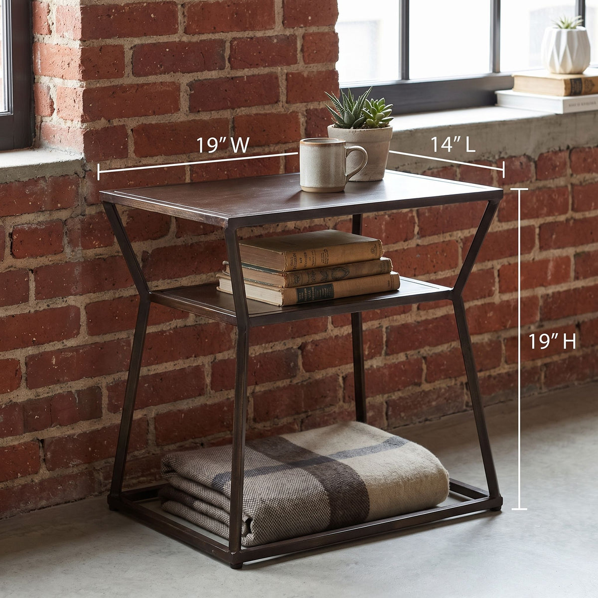 Bare Decor Duplex Accent Table Metal, Distressed Brown Finish, 14x19x19