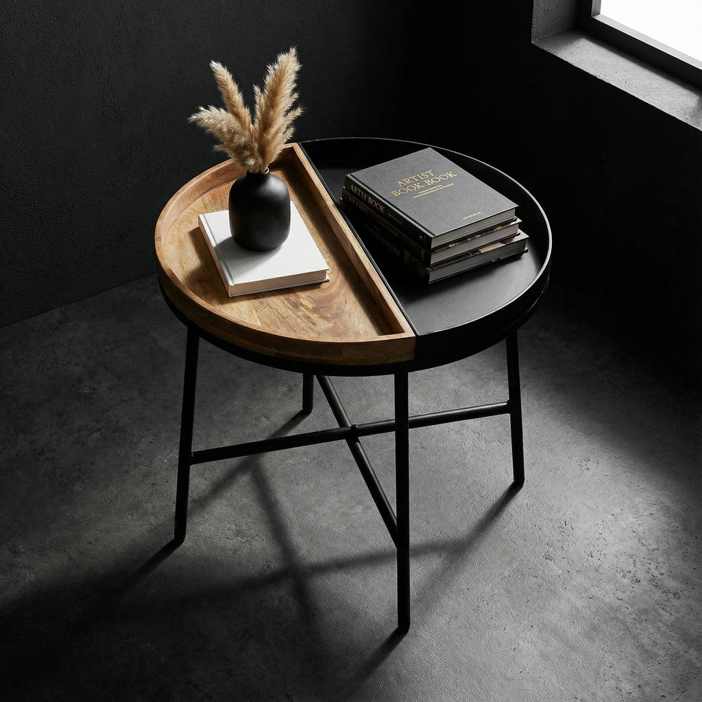 Bare Decor Dalma Accent Table with Half Wood Top and Half Metal, Round 22"