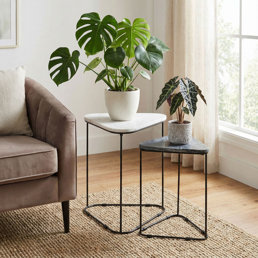 Bare Decor Selfy 2Pc Nesting Accent Tables in Black and White Triangle Marble