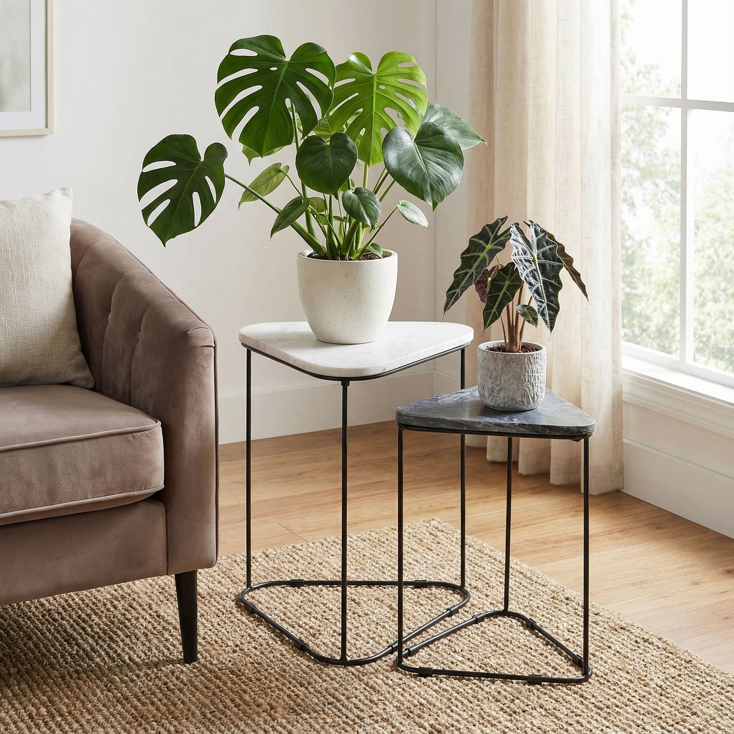 Bare Decor Selfy 2Pc Nesting Accent Tables in Black and White Triangle Marble