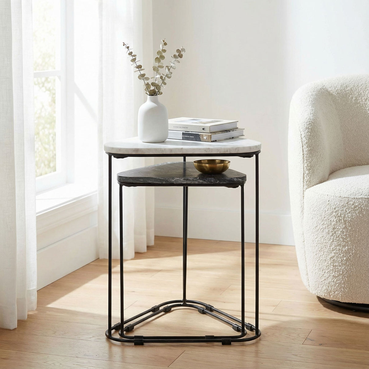 Bare Decor Selfy 2Pc Nesting Accent Tables in Black and White Triangle Marble