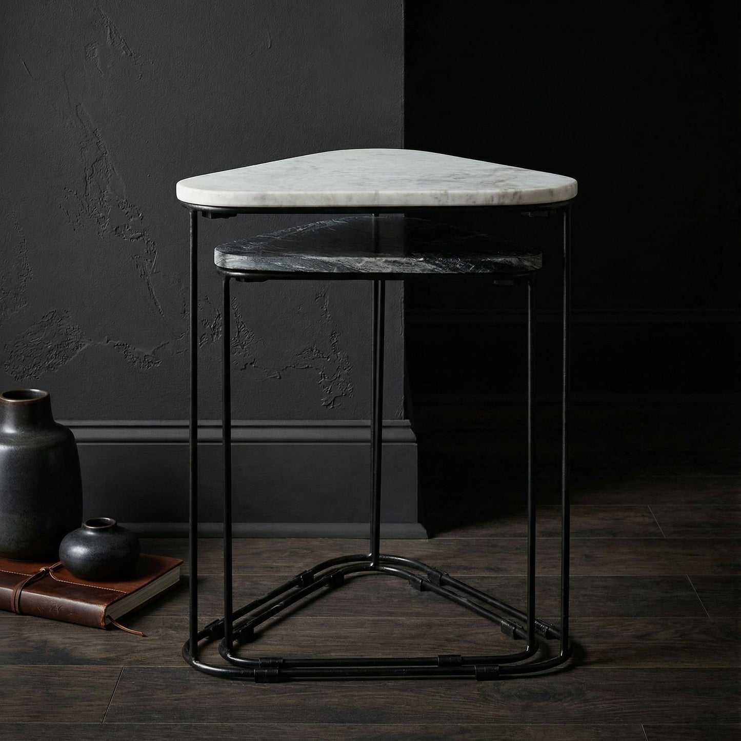 Bare Decor Selfy 2Pc Nesting Accent Tables in Black and White Triangle Marble