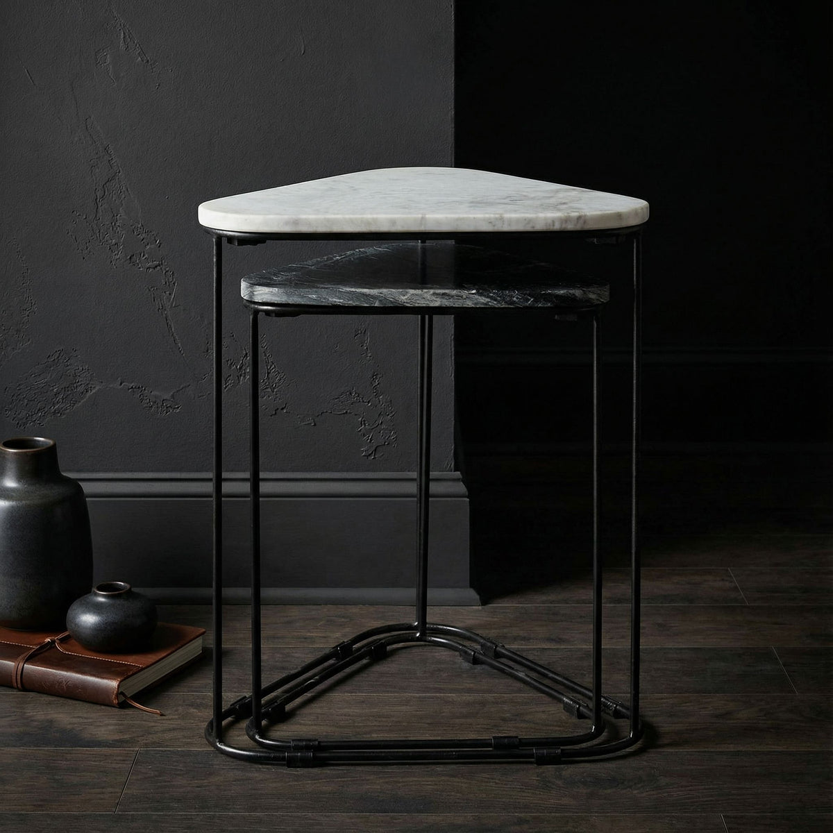 Bare Decor Selfy 2Pc Nesting Accent Tables in Black and White Triangle Marble