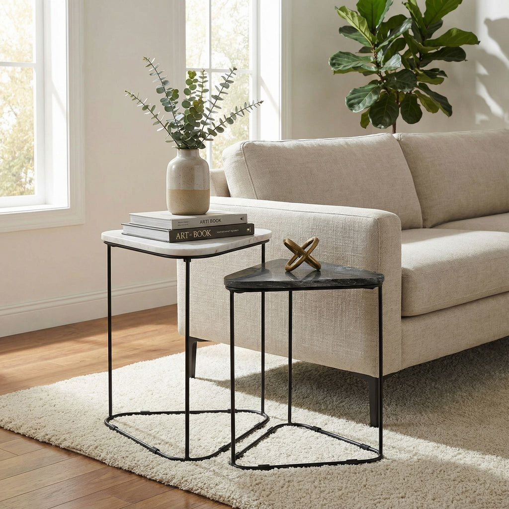 Bare Decor Selfy 2Pc Nesting Accent Tables in Black and White Triangle Marble