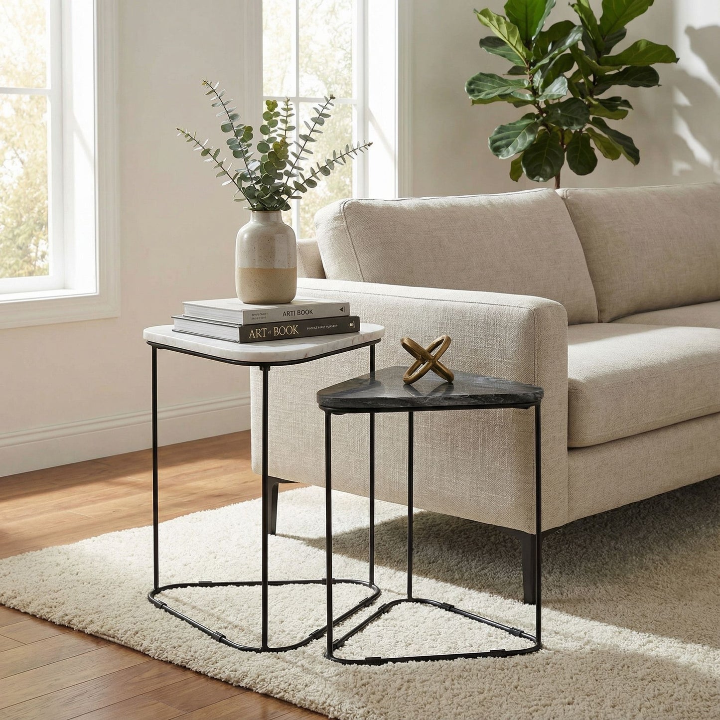 Bare Decor Selfy 2Pc Nesting Accent Tables in Black and White Triangle Marble