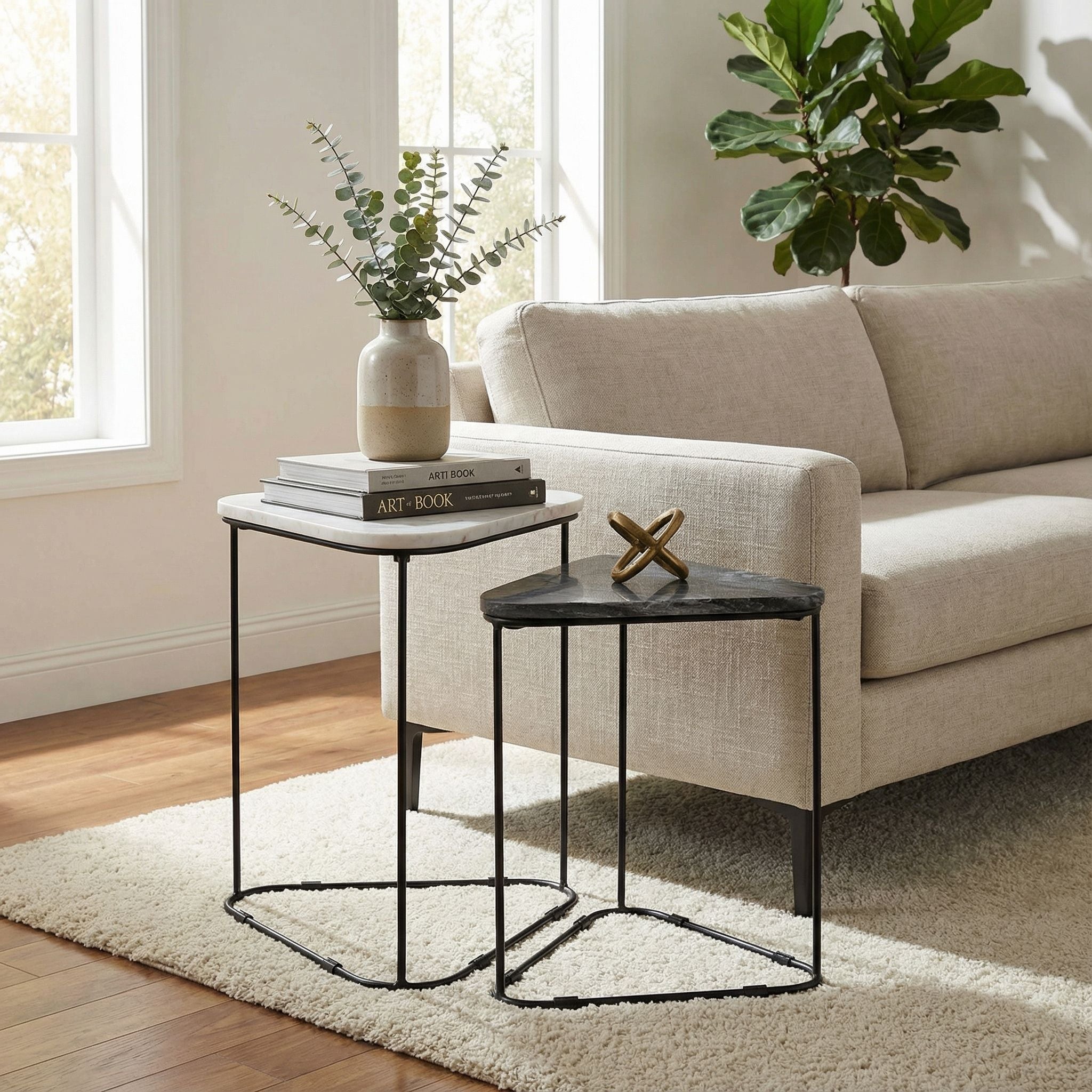 Bare Decor Selfy 2Pc Nesting Accent Tables in Black and White Triangle Marble