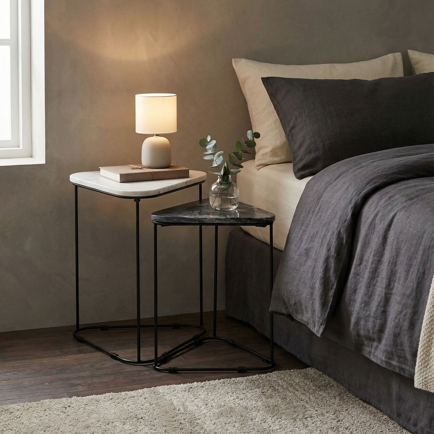 Bare Decor Selfy 2Pc Nesting Accent Tables in Black and White Triangle Marble