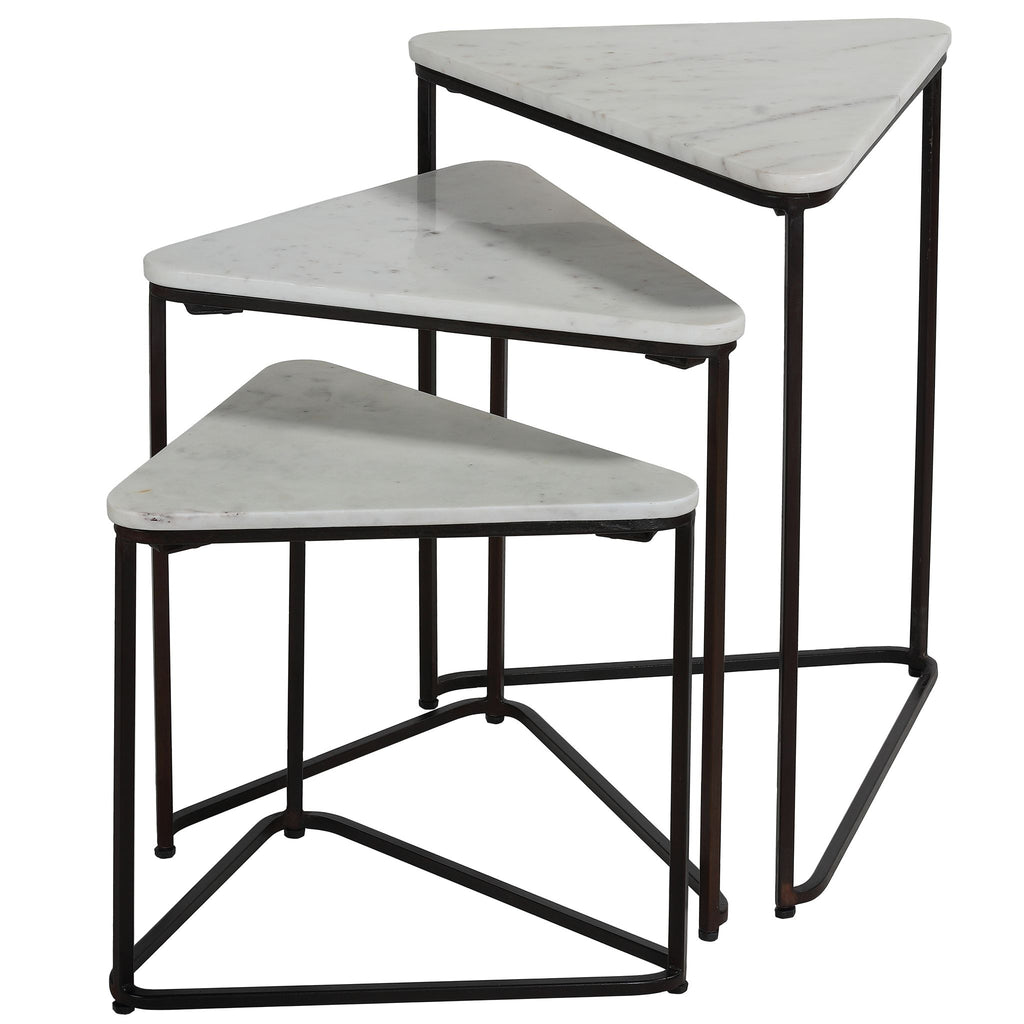 Bare Decor Trinity Nesting Tables, White Marble and Black Metal Frame, Set of 3