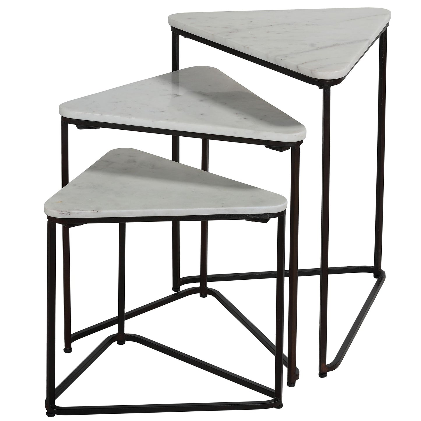Bare Decor Trinity Nesting Tables, White Marble and Black Metal Frame, Set of 3