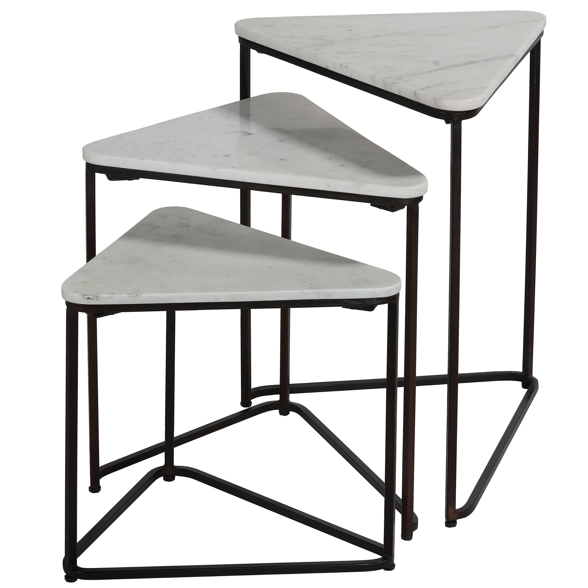 Bare Decor Trinity Nesting Tables, White Marble and Black Metal Frame, Set of 3