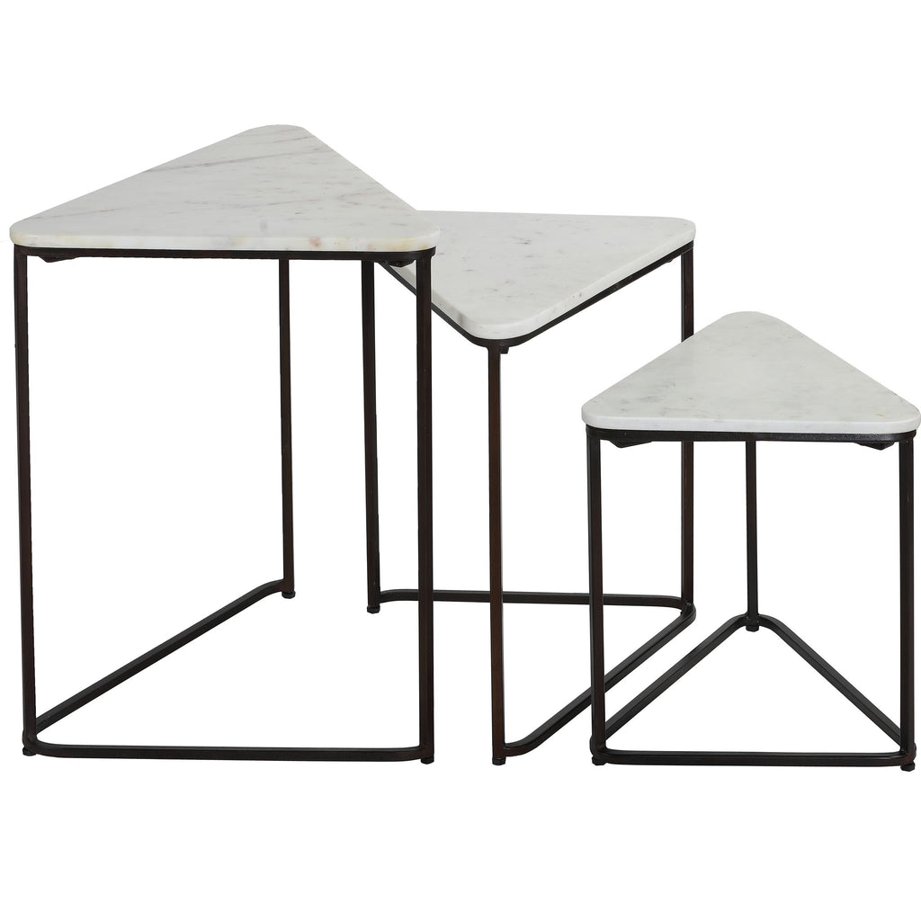 Bare Decor Trinity Nesting Tables, White Marble and Black Metal Frame, Set of 3