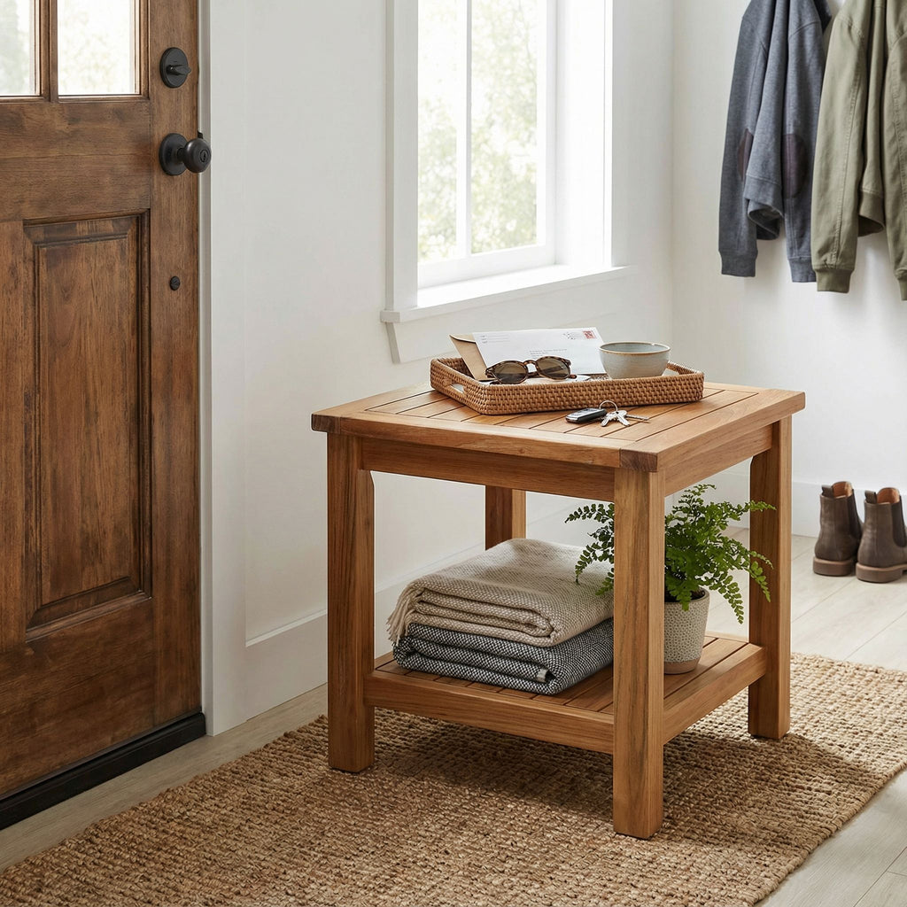 Bare Decor Turi Side Table with Shelf in Solid Teak Wood, Square 20"