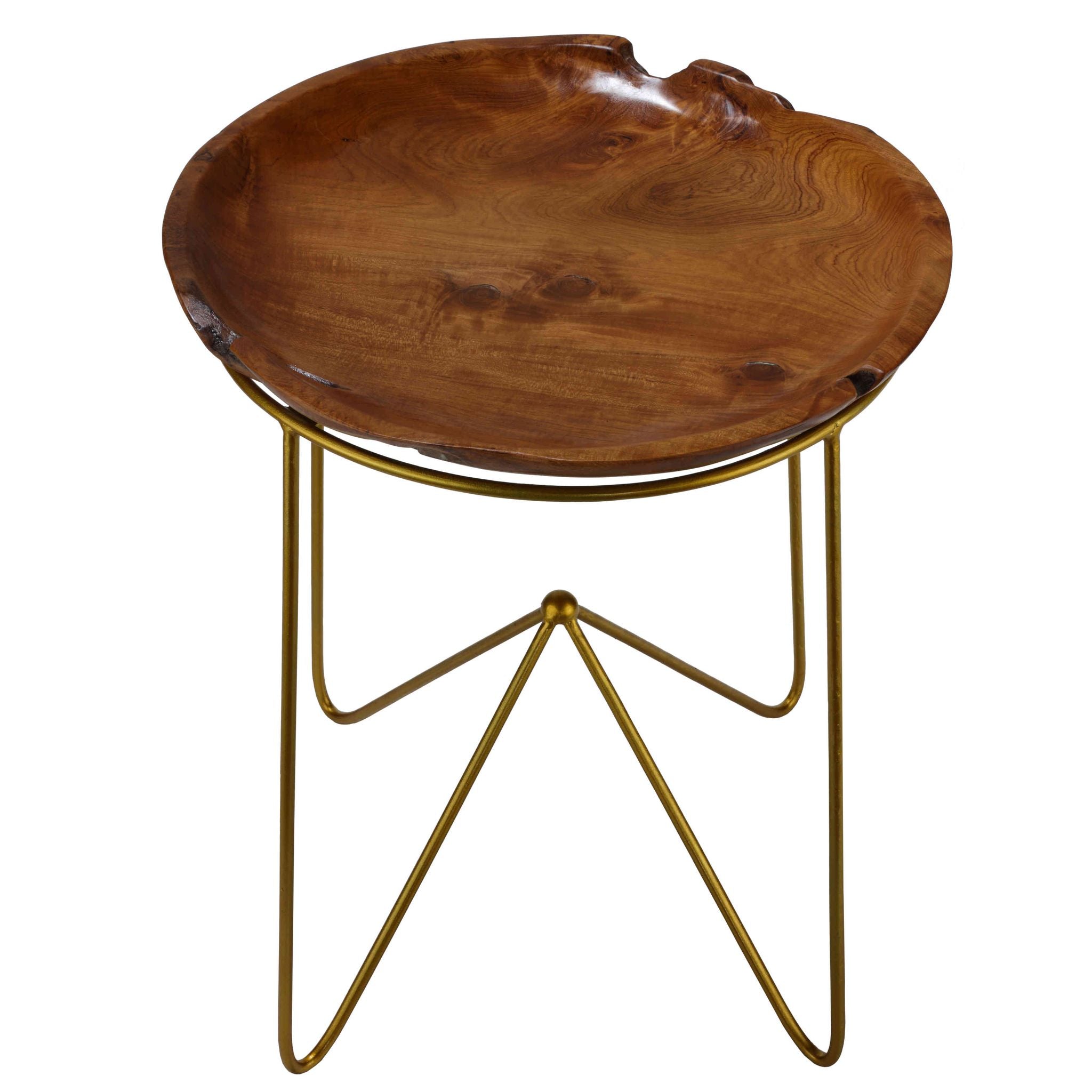 Bare Decor Paolo End Table with Teak Wood Top with Gold Finish Metal Legs
