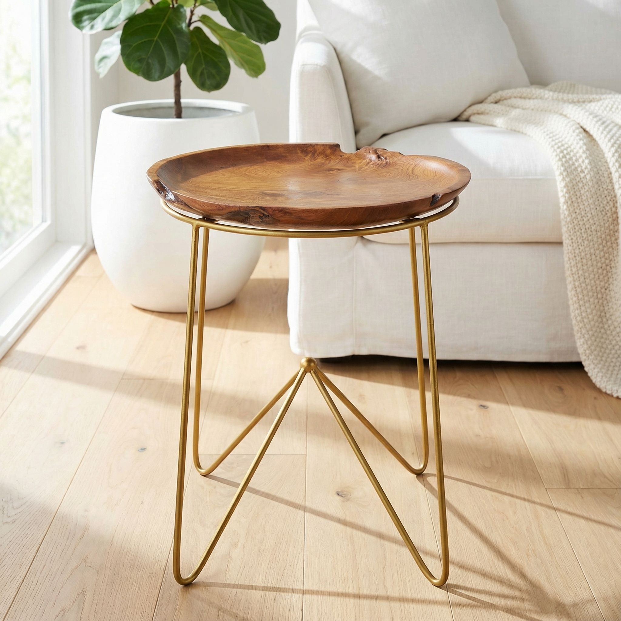 Bare Decor Paolo End Table with Teak Wood Top with Gold Finish Metal Legs