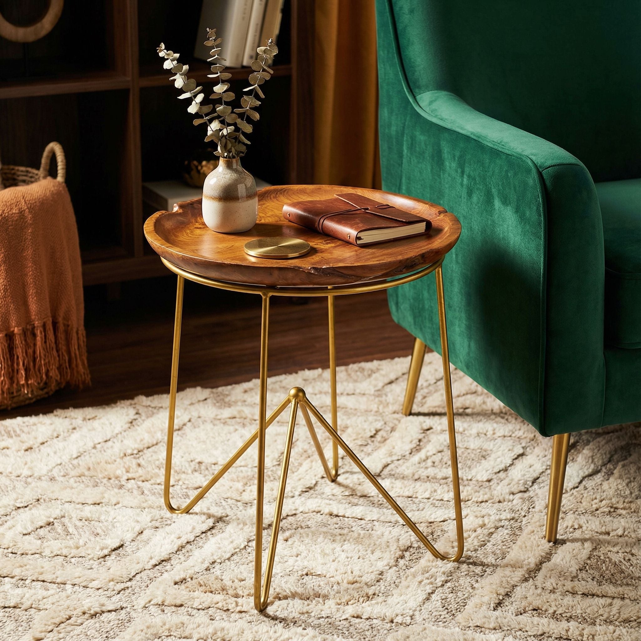 Bare Decor Paolo End Table with Teak Wood Top with Gold Finish Metal Legs