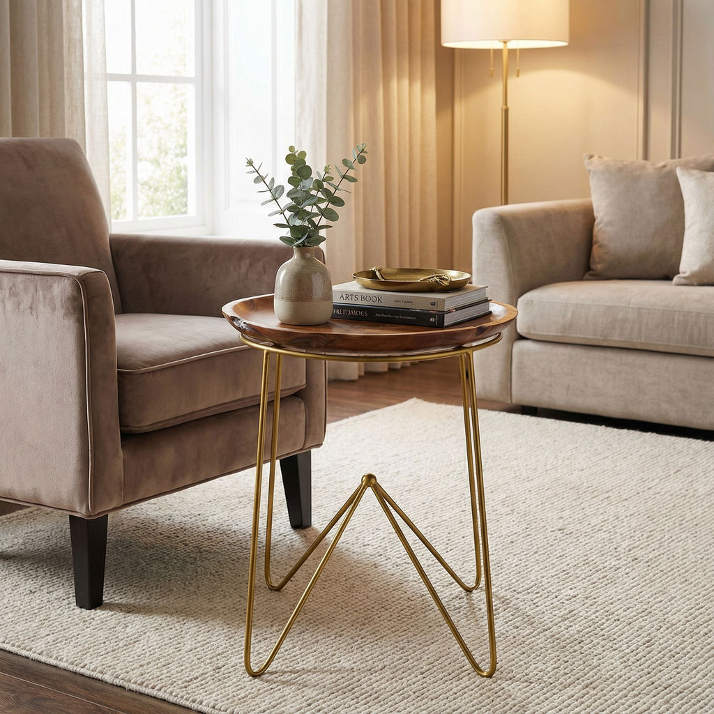 Bare Decor Paolo End Table with Teak Wood Top with Gold Finish Metal Legs