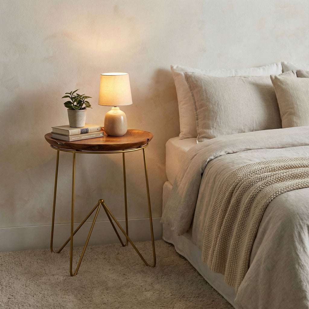 Bare Decor Paolo End Table with Teak Wood Top with Gold Finish Metal Legs