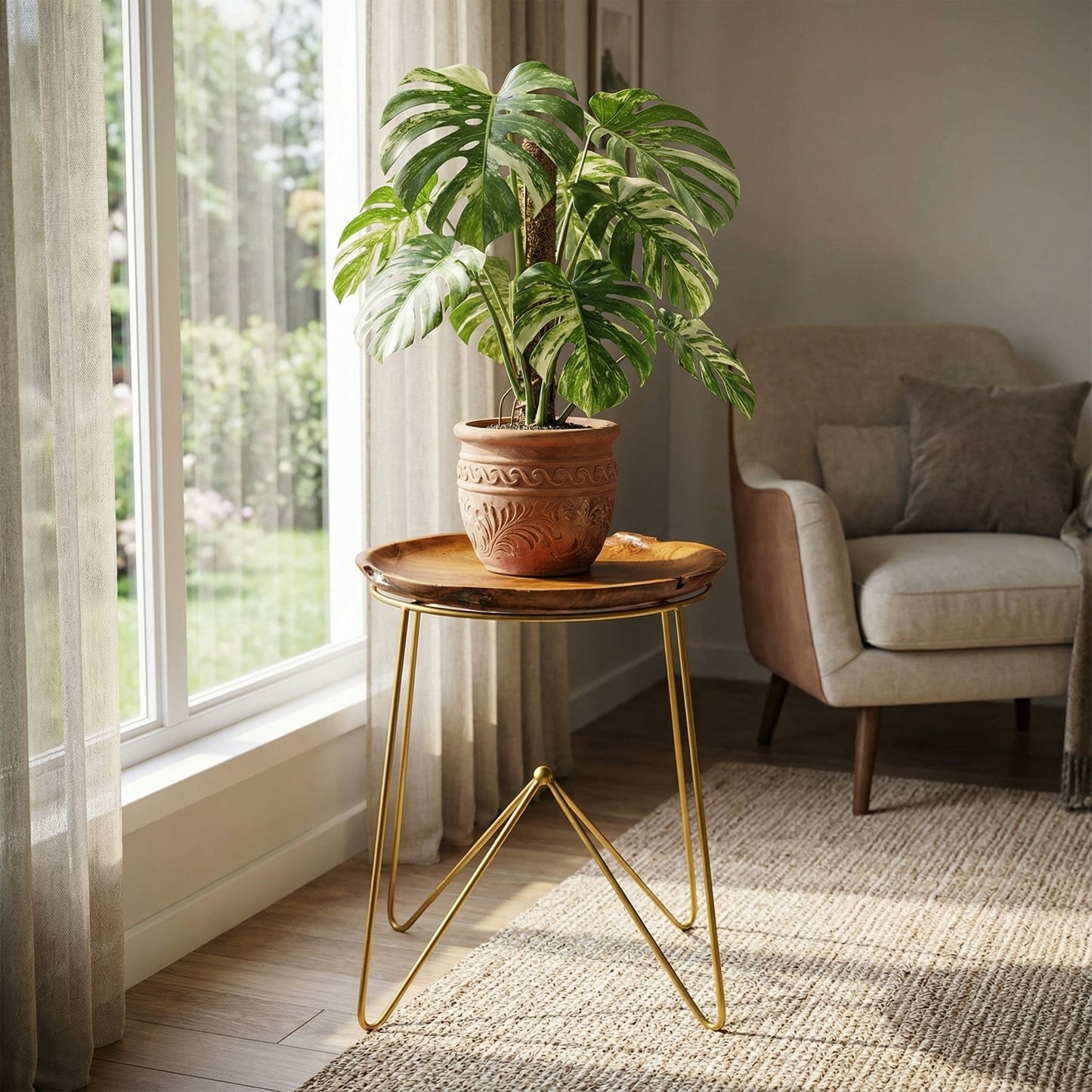 Bare Decor Paolo End Table with Teak Wood Top with Gold Finish Metal Legs